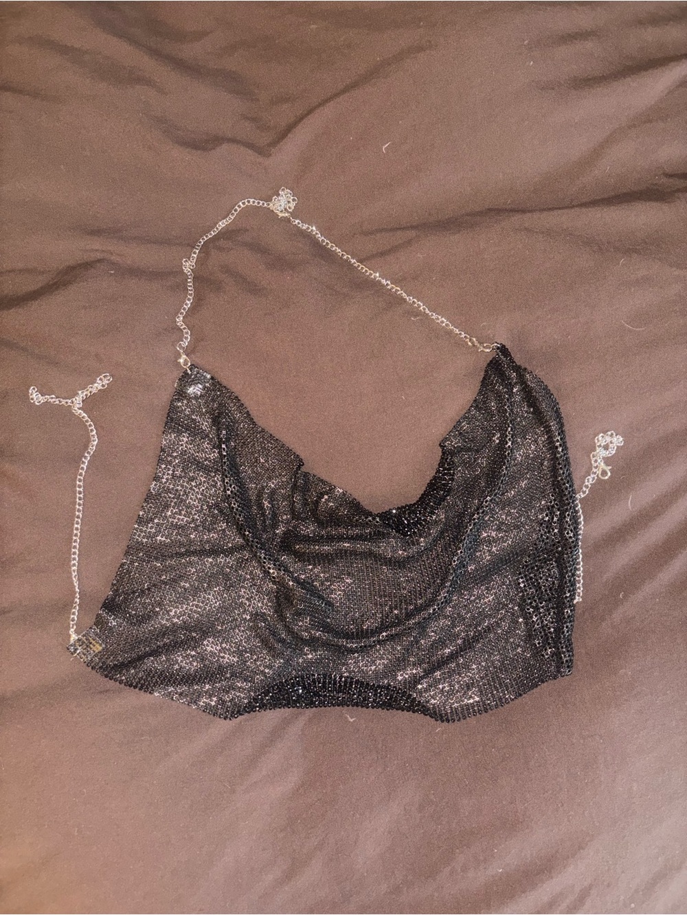 Chain-Strap Metallic Black Crop Top - Unbranded